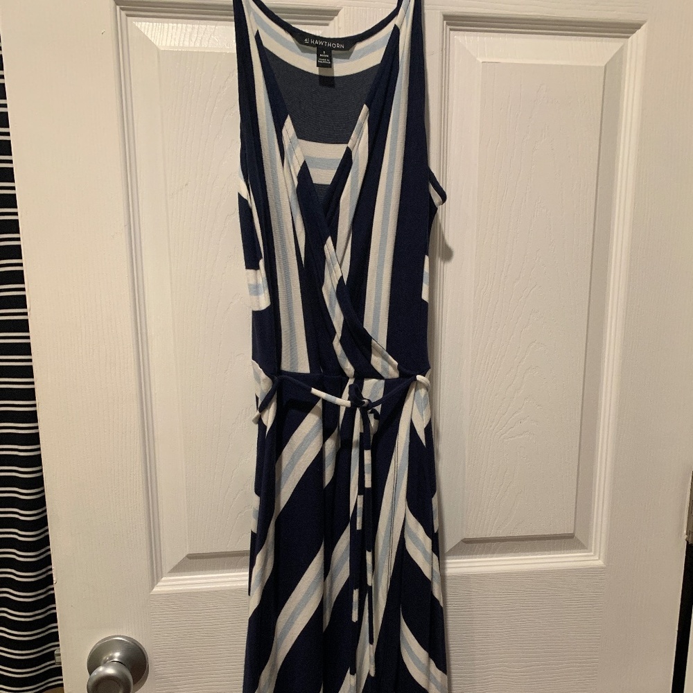 Multi-color blue faux wrap dress knee length